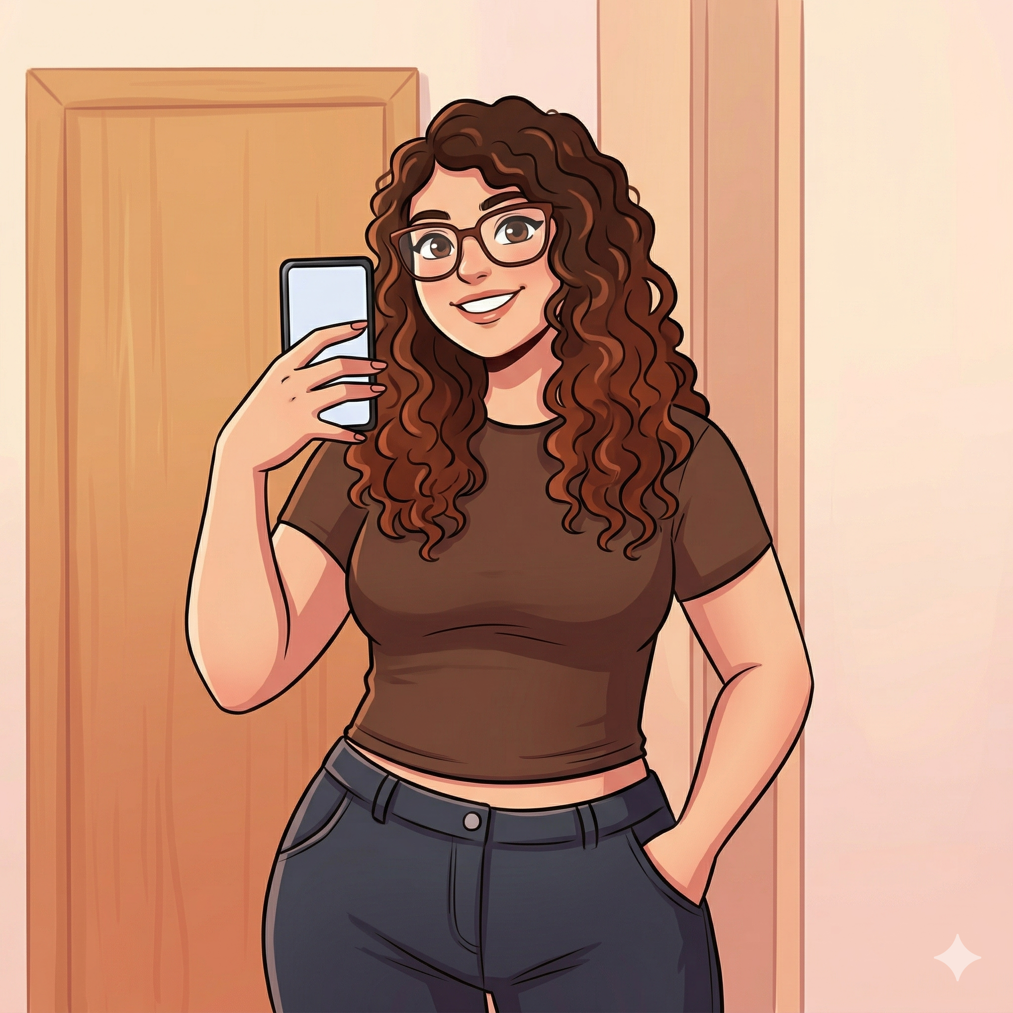 Ilustração de Mel, jovem ruiva com óculos e colete de exploradora.