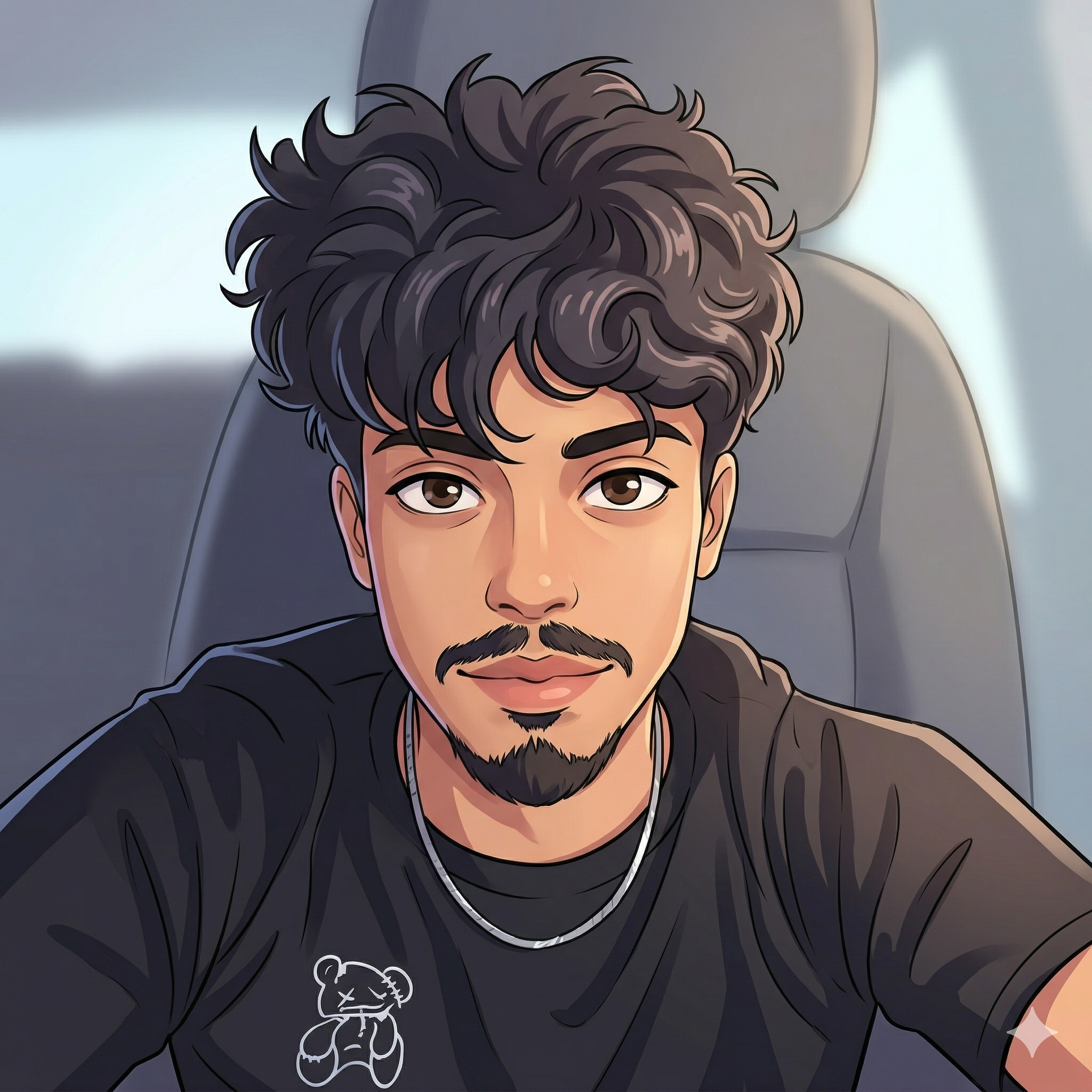 Ilustração de Vitor, jovem com cabelos escuros ondulados e barba.